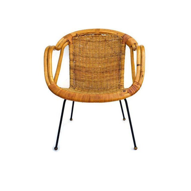 Mid Century Rattan Sculpted Bamboo Hoop Chair Cast Iron Legs