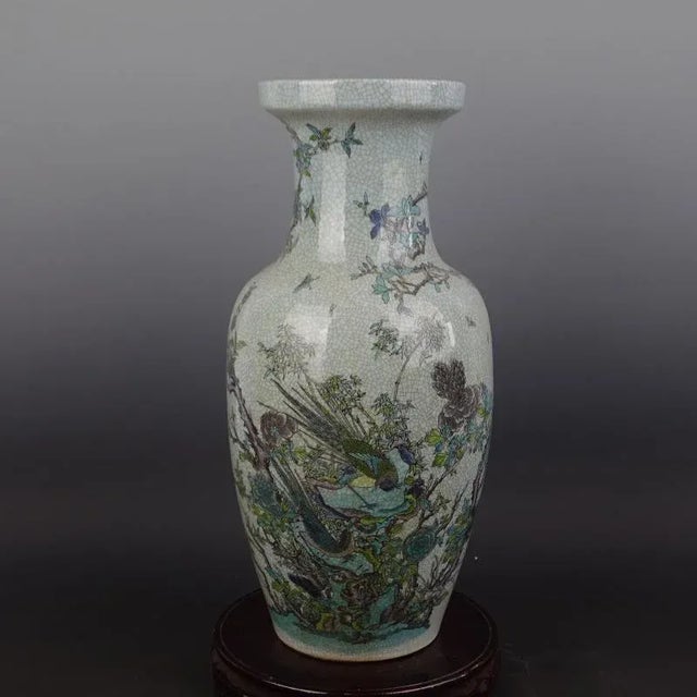 Chinese Vintage Porcelain Vase Qing Dynasty Qianlong Marked Crackle Glaze Famille Verte Porcelain Vase Hand Painted Flowers and Birds Pattern For Sale - Image 4 of 8