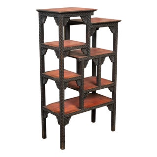 Anglo-Indian 1930s Black Painted Tiered Shelf with Carved Scrolling Foliage For Sale