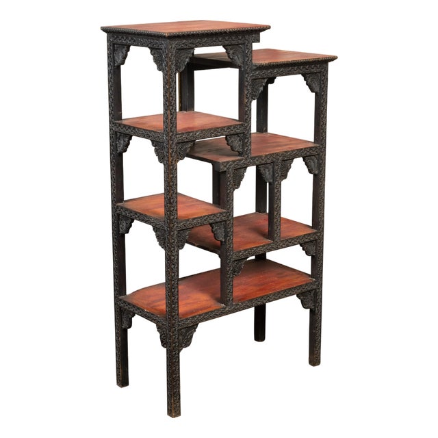 Anglo-Indian 1930s Black Painted Tiered Shelf with Carved Scrolling Foliage For Sale
