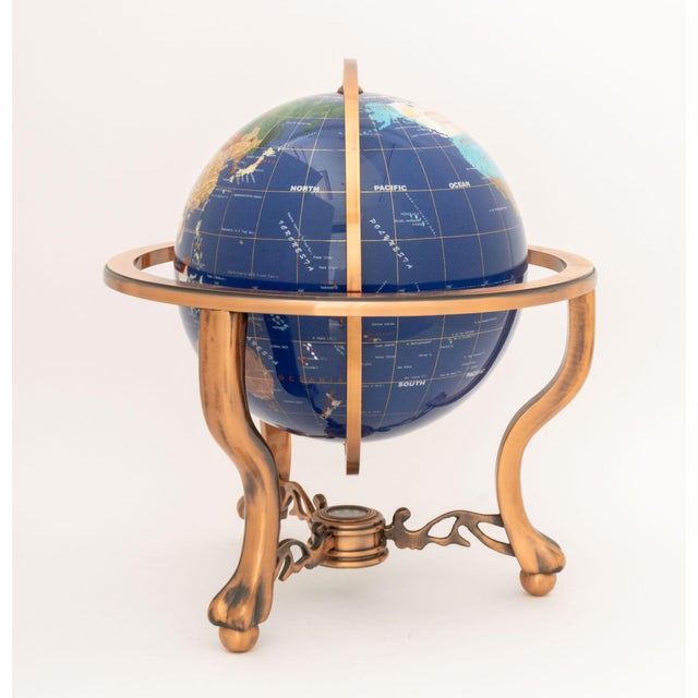 Modern Semi-Precious Stone Inlaid Revolving Globe on Copper Stand For Sale - Image 10 of 15