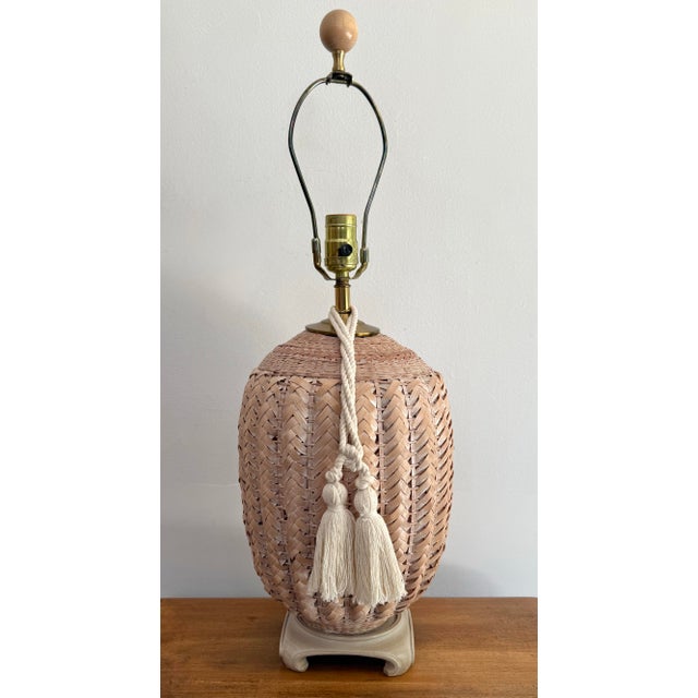 1980s Coastal Wicker Basket Lamp With Tassel For Sale - Image 9 of 9