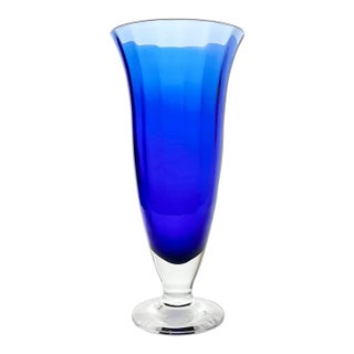 Contemporary Large Optic Footed Trumpet Flared Cobalt Blue Glass Vase For Sale
