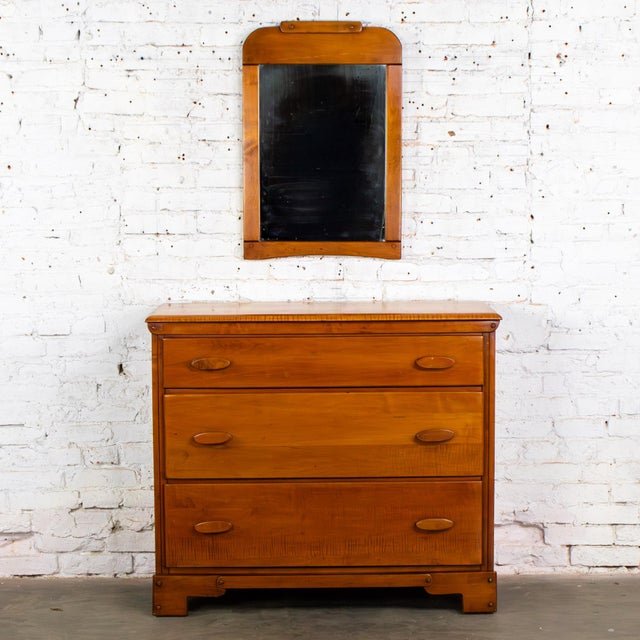 1930s to 1950s Transitional Solid Maple Gentleman’s Chest With Hand Carved Pulls and Wall Mirror For Sale - Image 4 of 18