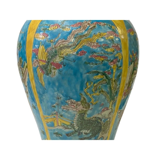 1990s Chinese Porcelain Blue Base Fengshui Animals Graphic Decor Vase For Sale - Image 5 of 11