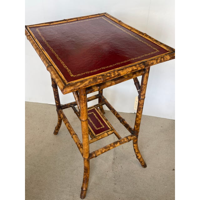 French 19Th. C. Tortoiseshell Bamboo Table With Red Tooled Leather Top For Sale - Image 4 of 11
