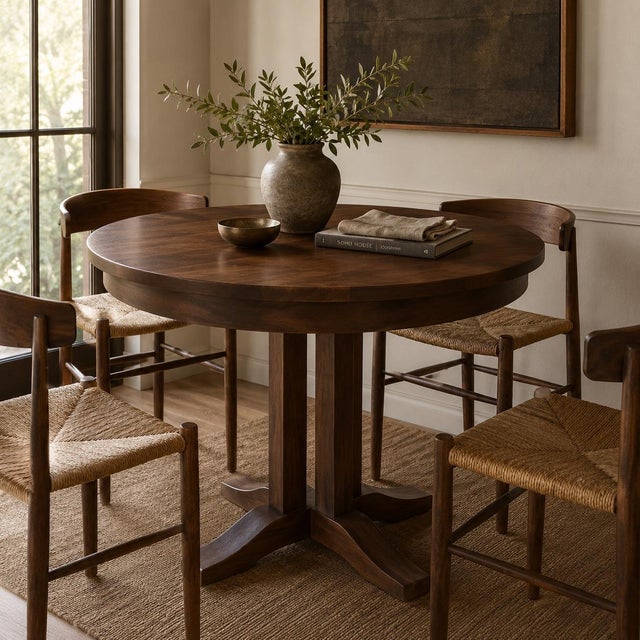 Vintage Solid Hardwood Round Pedestal Breakfast Table in Old Chapel Smoked Walnut For Sale - Image 4 of 4