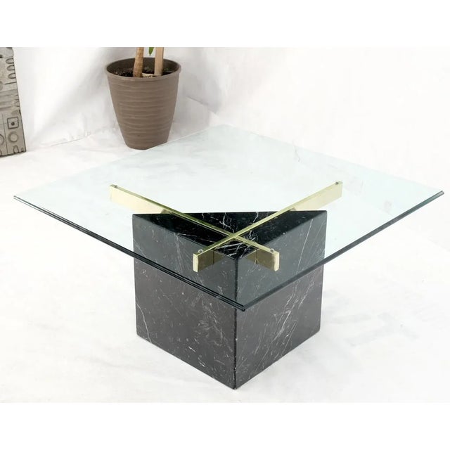Black Cube Shape Marble Base Brass Stretchers Square Glass Top Coffee Table For Sale - Image 6 of 13