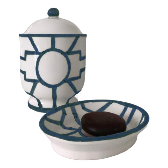 Chinoiserie Bamboo Fret Ceramic Vanity Set, Navy, 3 Pieces For Sale