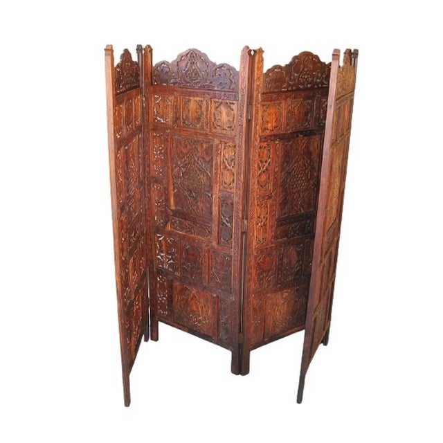 Hindu Jali Antique Carved Teak Wood Arabesque Floral Motifs Screen Room Divider For Sale - Image 4 of 10