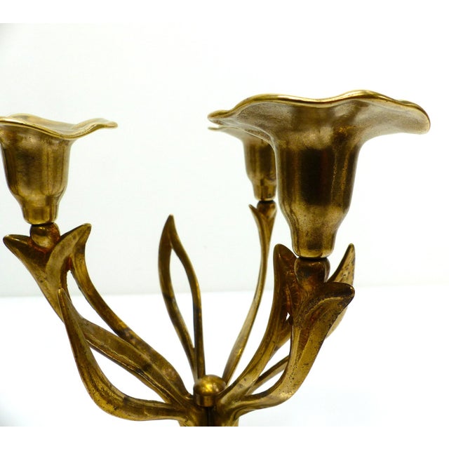 1960s Three-Light Tripod Brass Candlesticks with Organic Floral Decoration, 1960s, Set of 2 For Sale - Image 5 of 8
