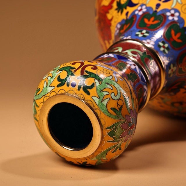 Vintage Chinese Gilt Copper Cloisonné "Garlic-Mouth" Floral Vase - 1360g For Sale - Image 10 of 10