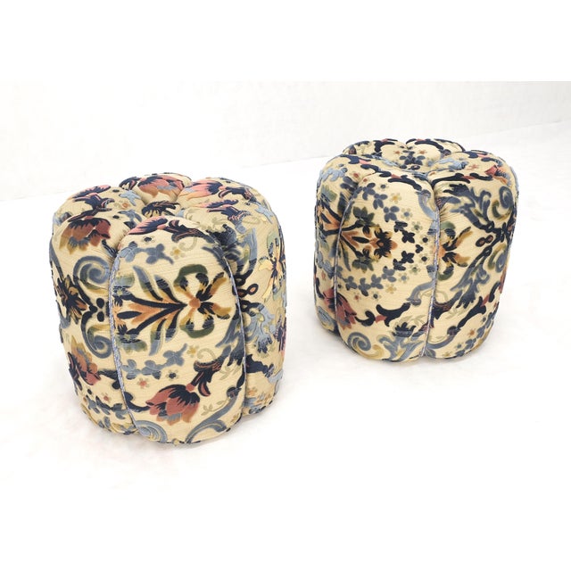 Beige Floral Upholstery Custom Studio Made Ottomans Poufs Benches Stool - A Pair For Sale - Image 8 of 11