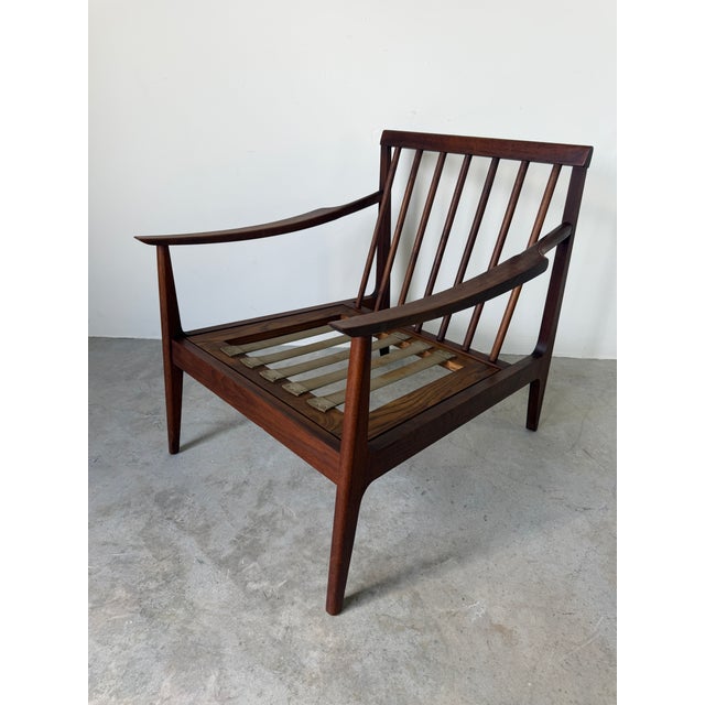 Mid Century Ib Kofod Larsen Style Scandinavian Lounge Chair With Blue Leather Cushions For Sale - Image 13 of 18