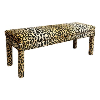 Vintage 1980's Tufted Parsons Bench W/ Velvet Leopard Print Upholstery For Sale