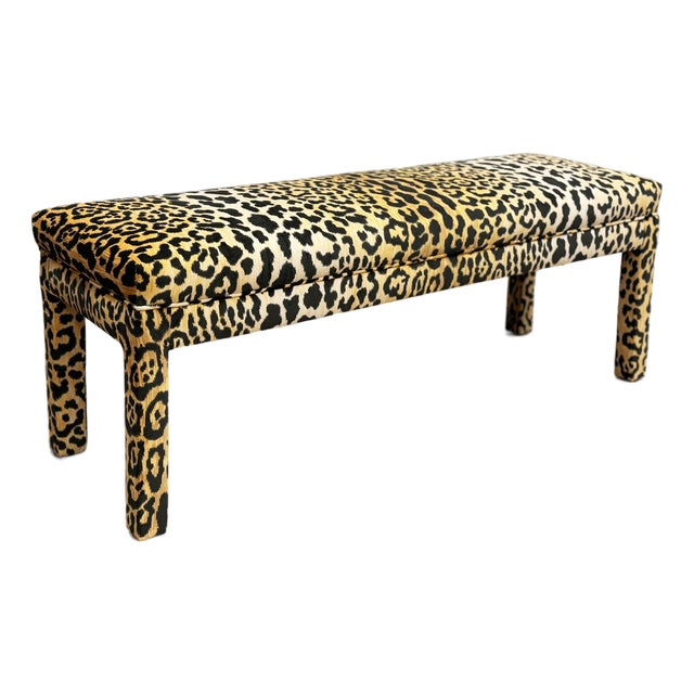 Vintage 1980's Tufted Parsons Bench W/ Velvet Leopard Print Upholstery For Sale