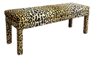 Vintage 1980's Tufted Parsons Bench W/ Velvet Leopard Print Upholstery