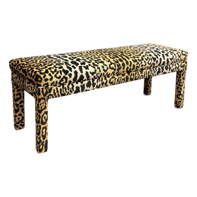 Vintage 1980's Tufted Parsons Bench With Velvet Leopard Print Upholstery For Sale