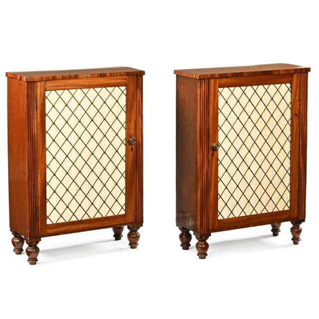 Brown Regency Mahogany Side Cabinets with Brass Lattice Fronts, 1890s, Set of 2 For Sale - Image 8 of 8