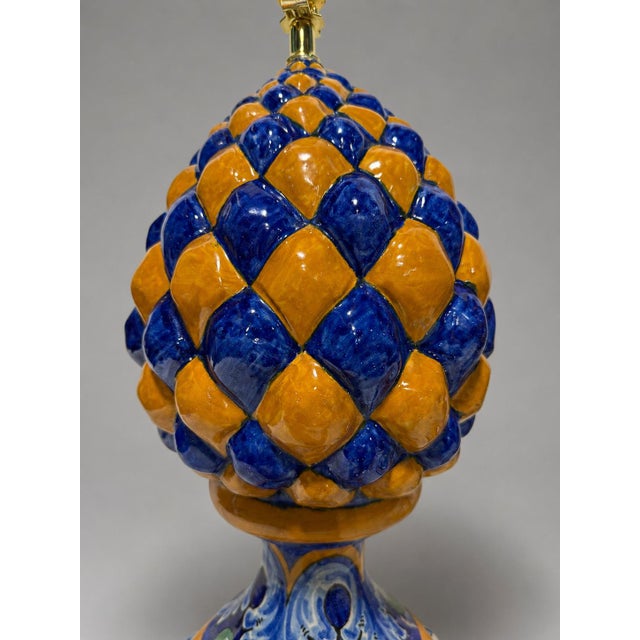 Blue 1940s Italian Majolica Ceramic Artichoke-Form Table Lamps - a Pair For Sale - Image 8 of 9