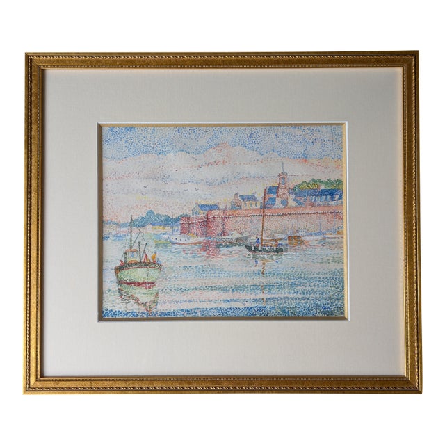 1950s French Mid-Century Impressionist Watercolor "Le Port De Concarneau" by Yvonne Canu For Sale