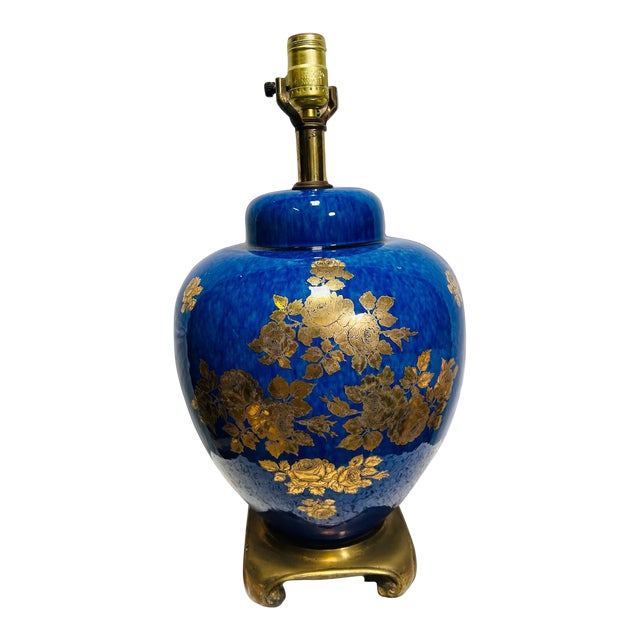1930s Blue and Gold Leaf Chinese Table Lamp For Sale