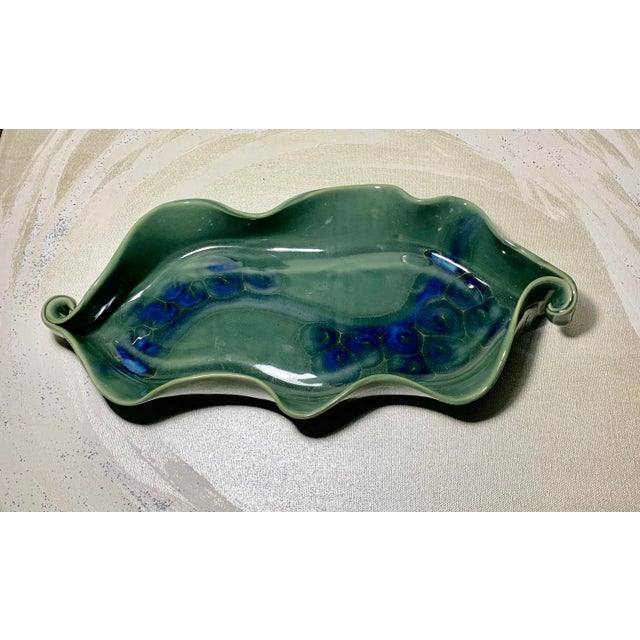 Large Oval Green and Blue Studio Ceramic Platter With Swirl Handles - Signed For Sale In San Diego - Image 6 of 7