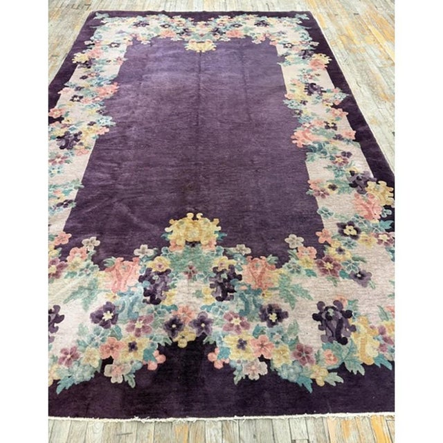 1920s 1920s Antique Purple Open Field Chinese Handknotted Art Deco Wool Room Size Rug For Sale - Image 5 of 10