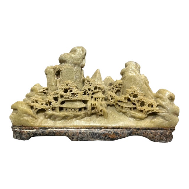 Mid 20th Century Chinese Light Green Soap Stone Landscape Carving For Sale