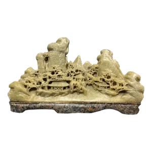 Mid 20th Century Chinese Light Green Soap Stone Landscape Carving