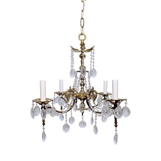 1920's Vintage Brass Chandelier With Crystals For Sale