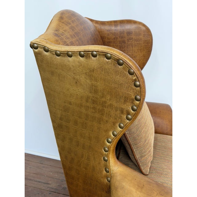 Wood Embossed Cognac Leather Wing Back Chair by Davis and Shaw For Sale - Image 7 of 17