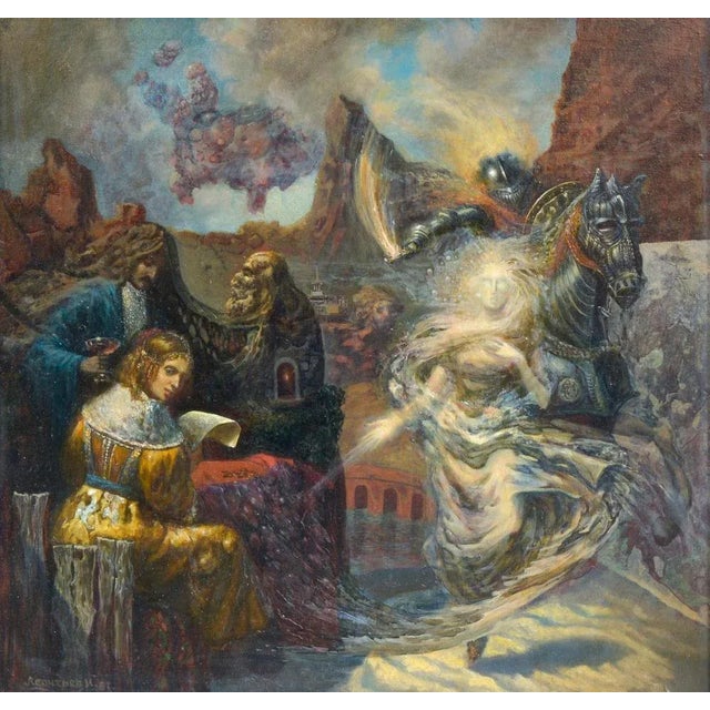Renaissance dream. Messenger. Acrylic on canvas, 57x59 cm Painting with mystic creatures, people, horse, knight Igor...