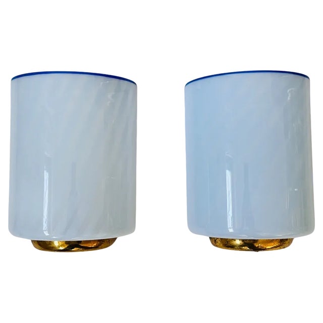 Blue Murano Glass Wall Lamps with Brass Structure, 1950s, Set of 2 For Sale