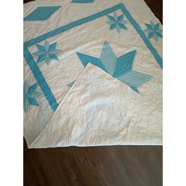 Vintage Handmade Quilted Turquoise and White Lone Star Quilt For Sale - Image 12 of 15