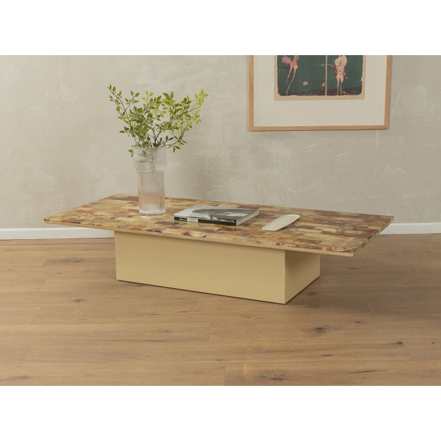 Unique onyx coffee table from the 1960s with a table top made of onyx marble in beige and brown tones and a new wooden...