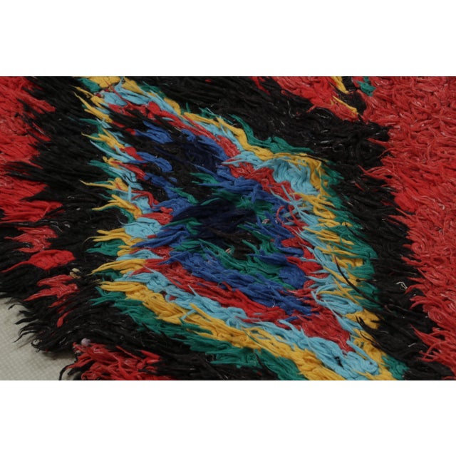 Red Vintage Mid-Century Moroccan Geometric Diamond Red Green and Black Wool Shag Rug For Sale - Image 8 of 10