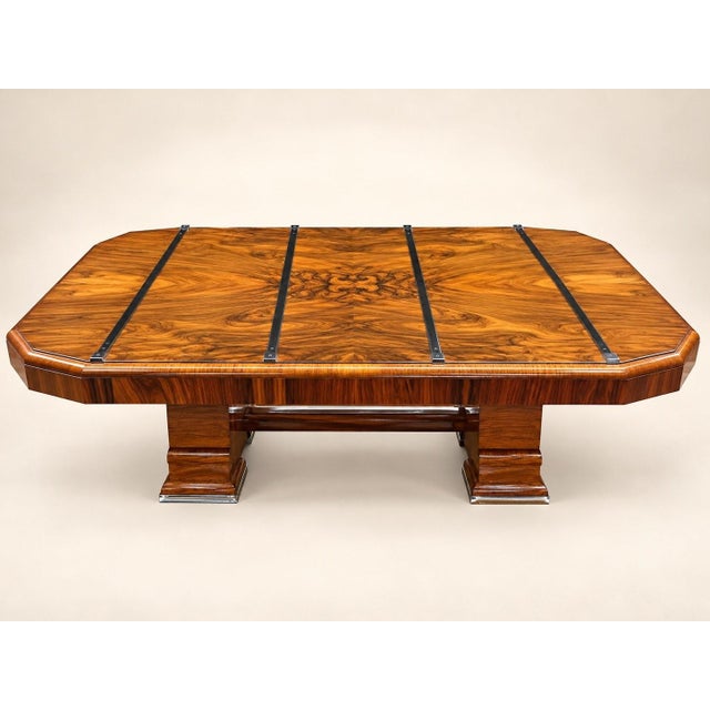 Brown Art Deco Extendable Table Walnut Burl Veneer and Chrome-Plated Metal, 1930s For Sale - Image 8 of 8