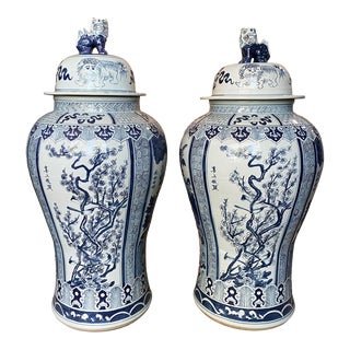 Mansion Size Chinoiserie B & W Porcelain Ginger Jars Four Seasons 47" H S/2 For Sale