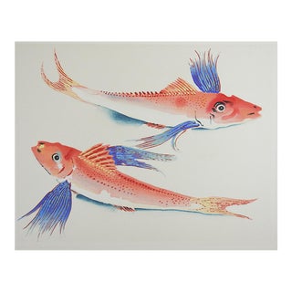 Mid 20th Century Japanese Mingei Folk Art Stencil Flying Fish Print For Sale