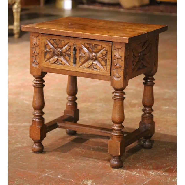 Mid-Century French Louis XIII Style Carved Oak Side Table With Drawer For Sale In Dallas - Image 6 of 15