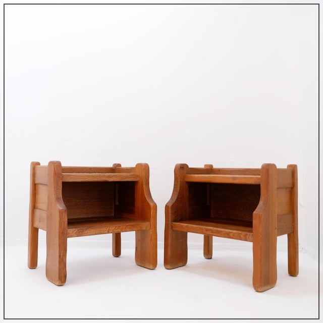 Brutalist Oak Bedside Tables by De Puydt, 1970s, Set of 2 For Sale - Image 13 of 13