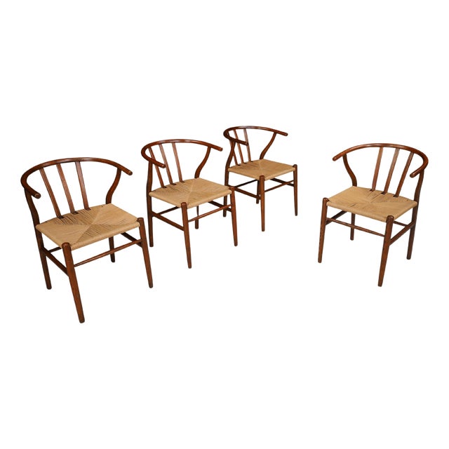 Wishbone Wicker and Oak Armchairs in the style of Hans J. Wegner, Denmark, 1960s, Set of 4 For Sale