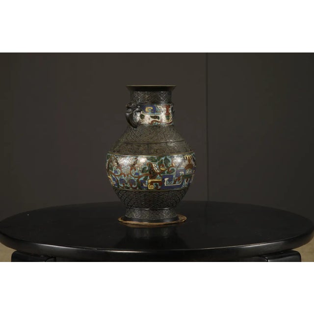Metal Japanese Cloisonné Bronze Vase With Archaistic Bird Handles, C 1920 to 1940s For Sale - Image 7 of 14