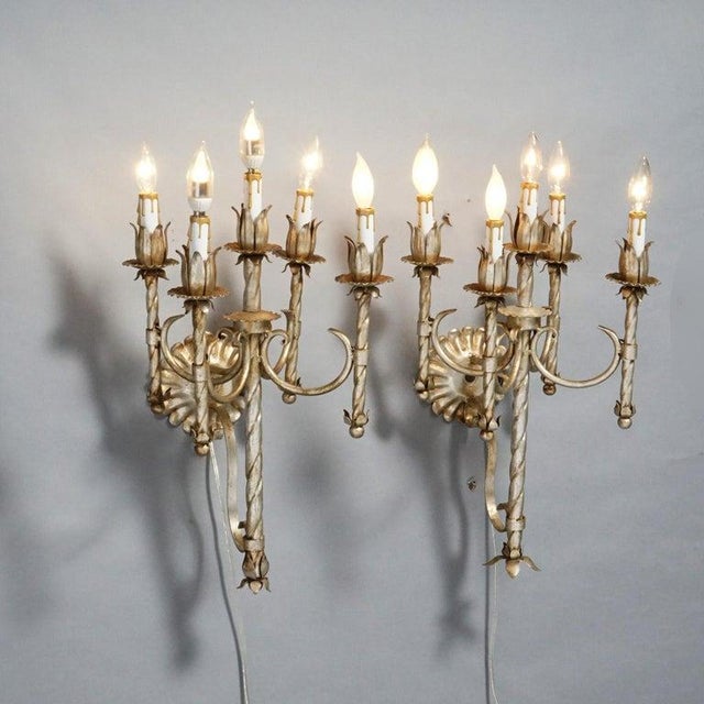 Early 20th Century Antique Arts & Crafts Gothic Silvered Finish Candelabra Wall Sconces 20th C For Sale - Image 5 of 8
