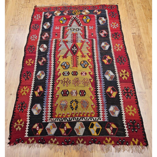 Antique Turkish Kilim, Handwoven Wool, Prayer Pattern, Pale Yellow & Red, 4x5 For Sale - Image 4 of 12