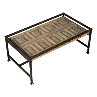 Contemporary Coffee Table Made with Antique Door Fragment on Custom Iron Base For Sale