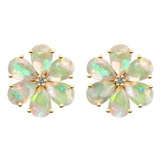 Nina Zhou Opal Diamond Forget-Me-Not Flower Earrings in 14k Yellow Gold - a Pair For Sale