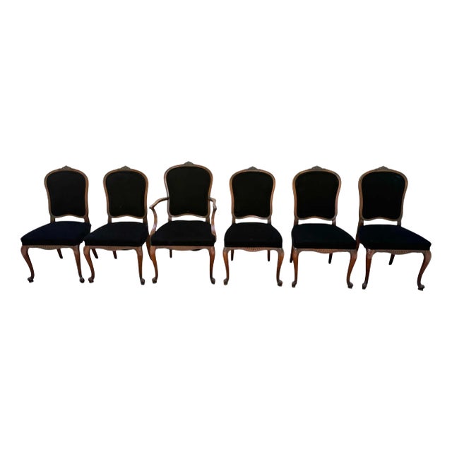 Mid 20th Century Set of Six French Provincial Chairs With Black Velvet Upholstery For Sale