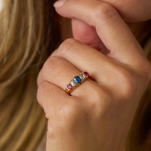 19th Century 19th Century Victorian English Sapphire Ruby Diamond 18k Yellow Gold Five Stone Ring, Size 5.75 For Sale - Image 5 of 7